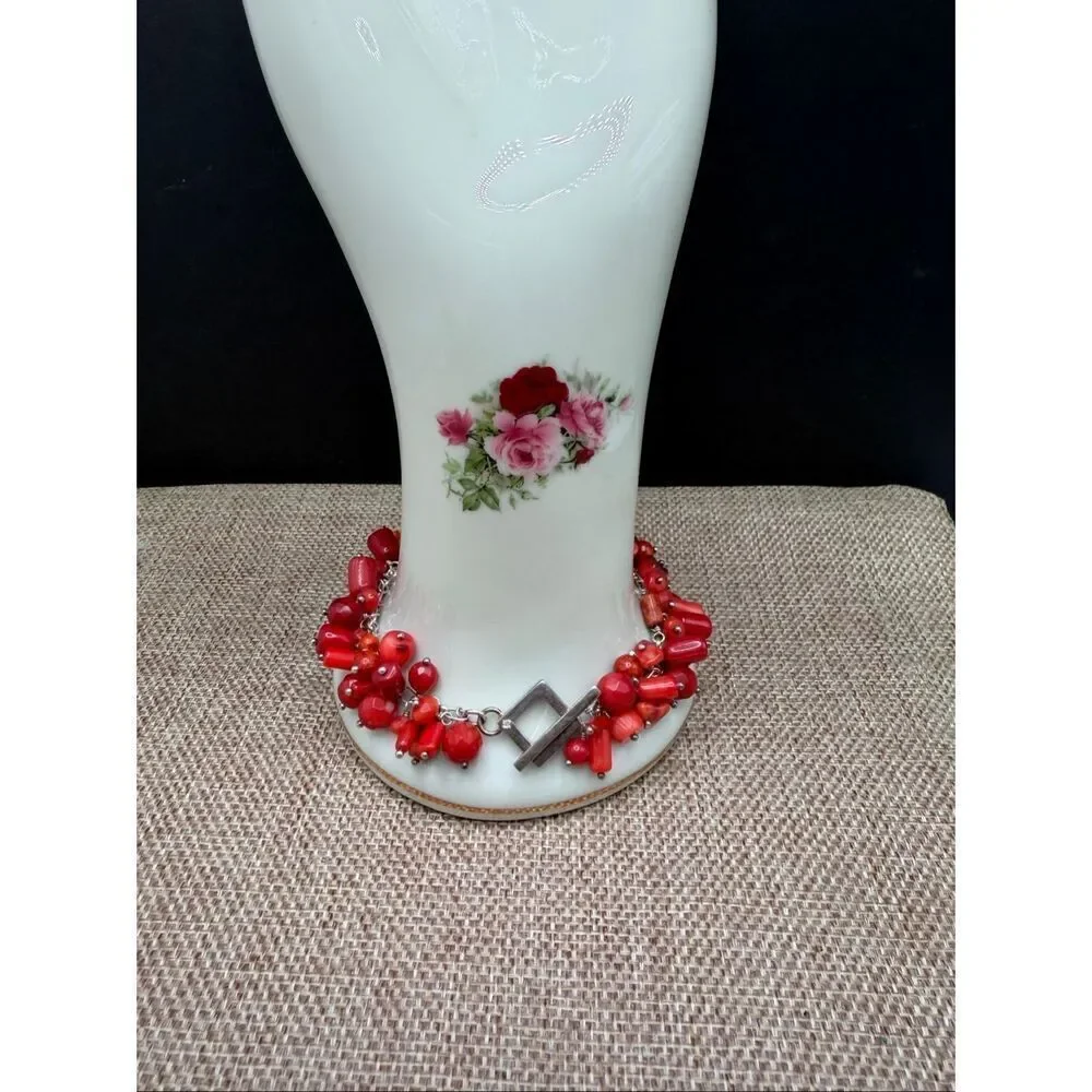 Red Coral Bead Cluster Bracelet Silver Tone Toggle Clasp